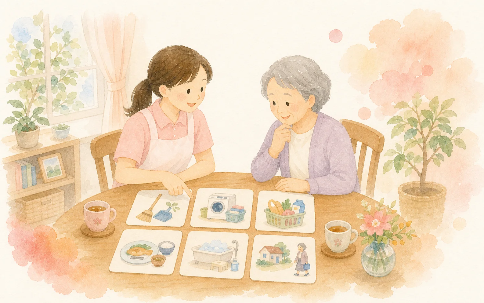 訪問介護員が日常生活の支援内容を絵カードで確認する水彩イラスト