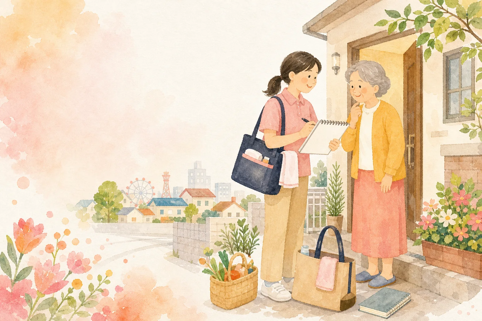 訪問介護員が自宅で確認する水彩イラスト