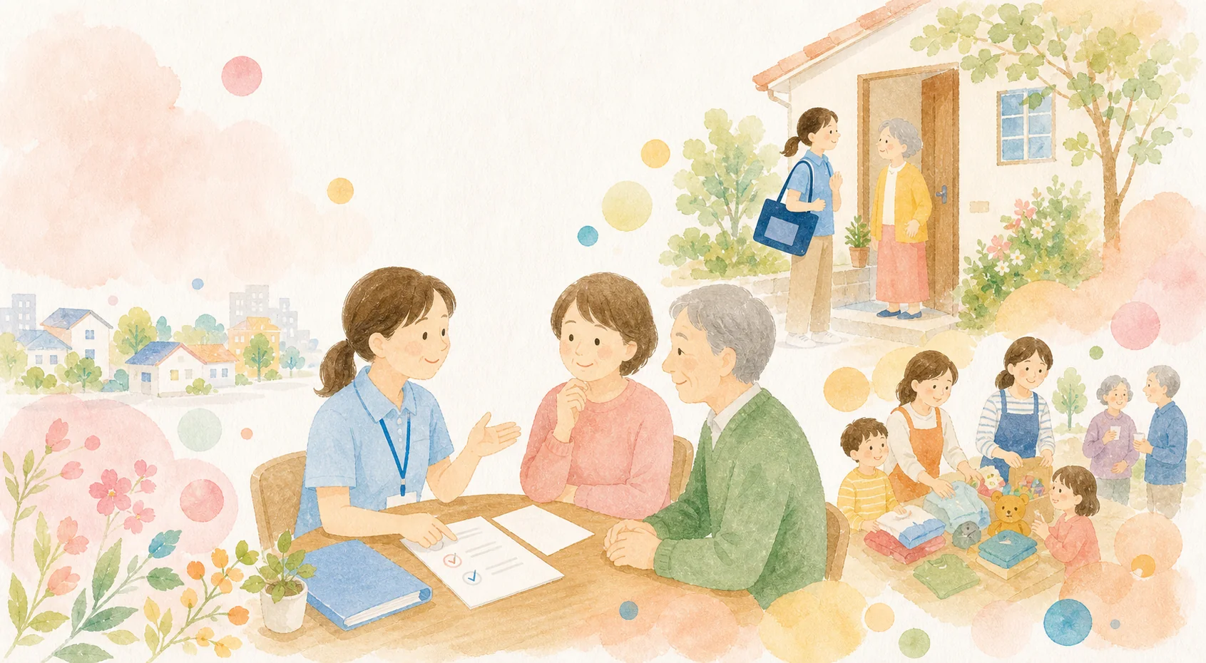 相談支援、訪問介護、地域活動がつながる水彩イラスト