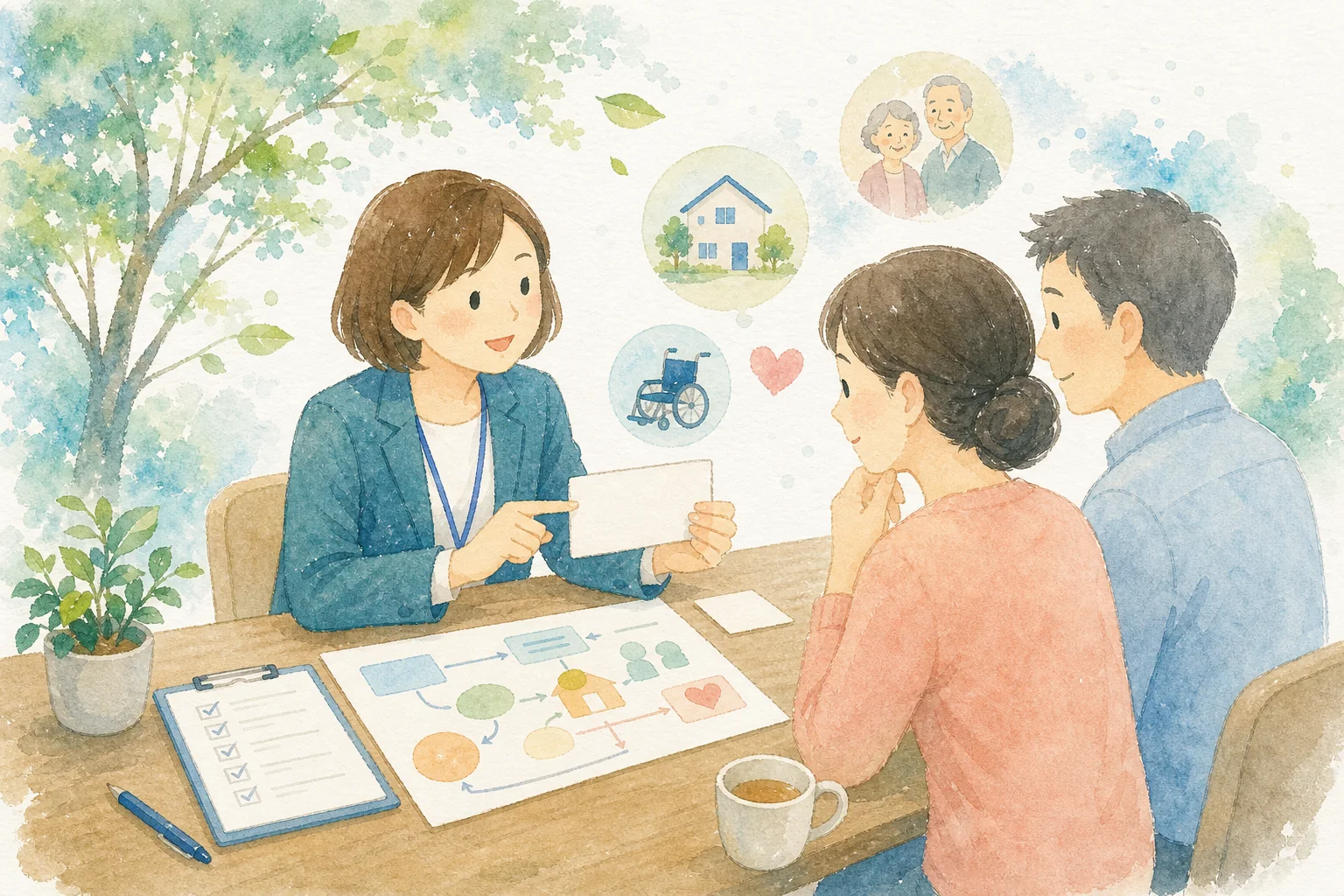 相談支援で困りごとを整理する水彩イラスト