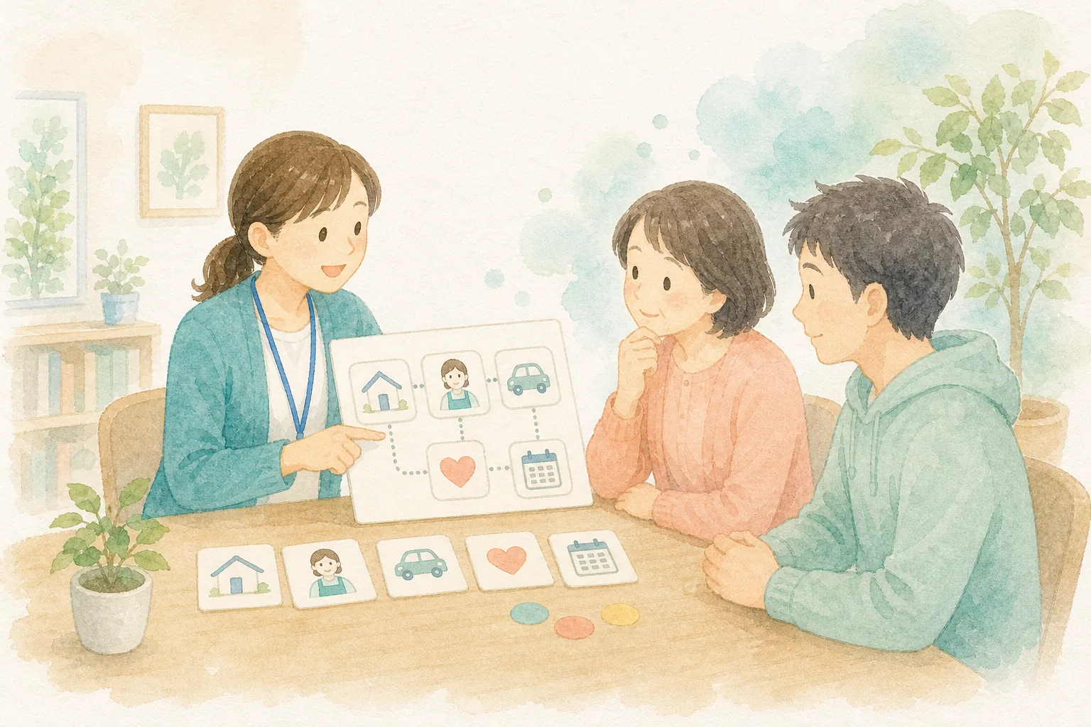 相談支援で使える制度やサービスを絵カードで整理する水彩イラスト