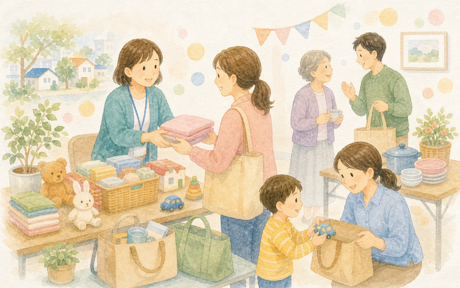 地域の物々交換会で日用品や子ども用品を受け渡す水彩イラスト