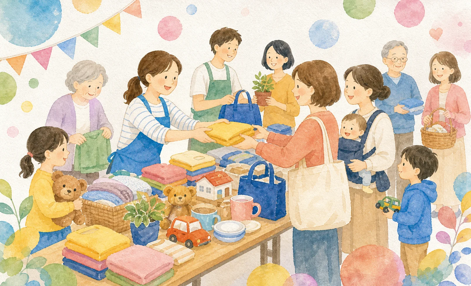 物々交換会で人と物がつながる水彩イラスト