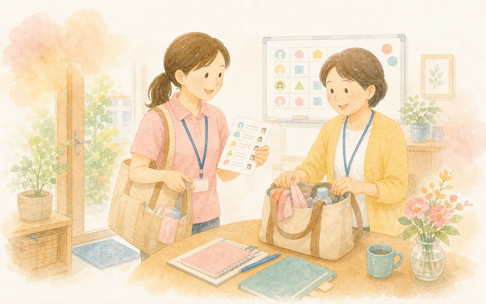 訪問介護のヘルパーが訪問前に持ち物と予定を確認する水彩イラスト