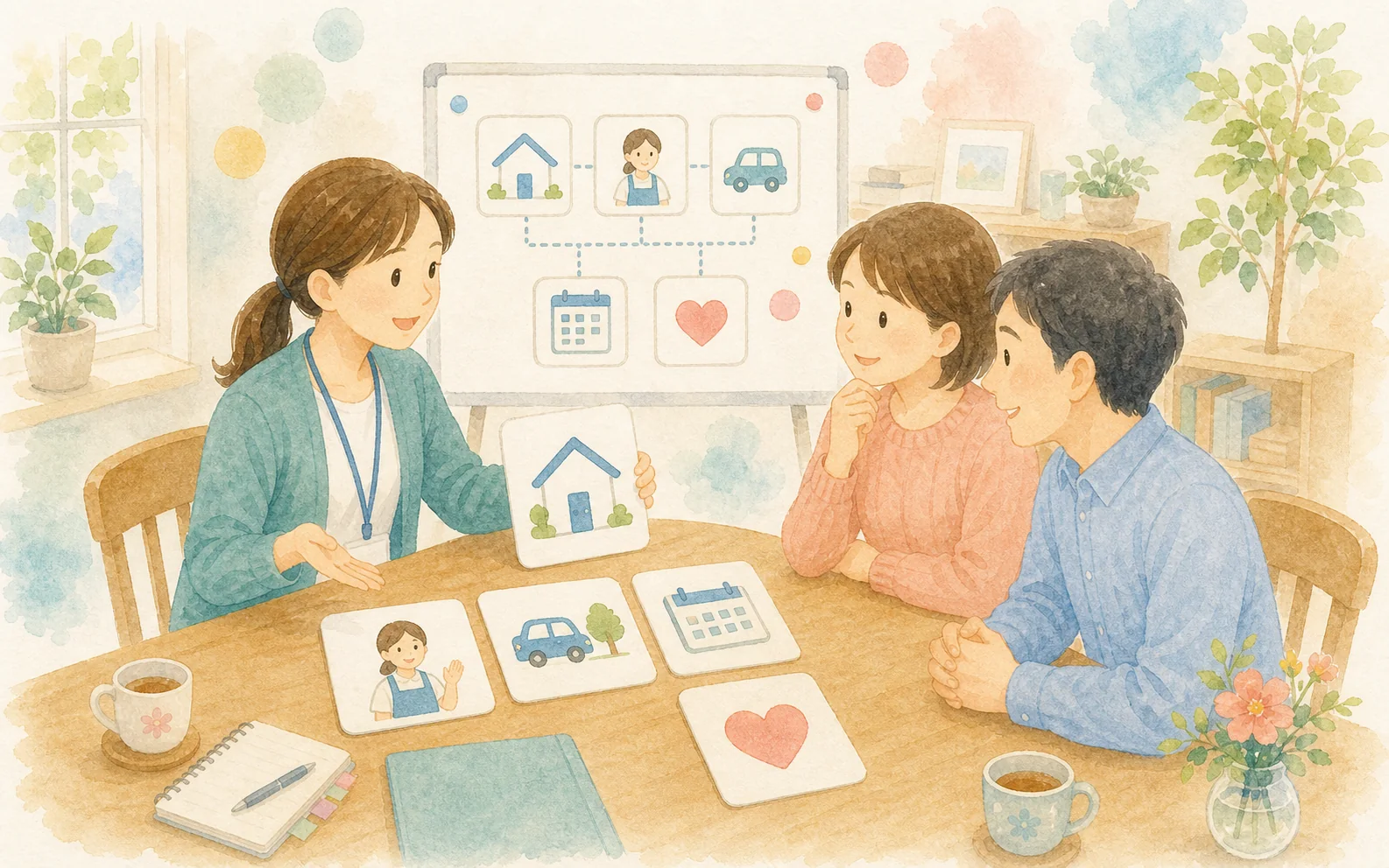 家族向け勉強会で絵カードを使って支援の選択肢を確認する水彩イラスト