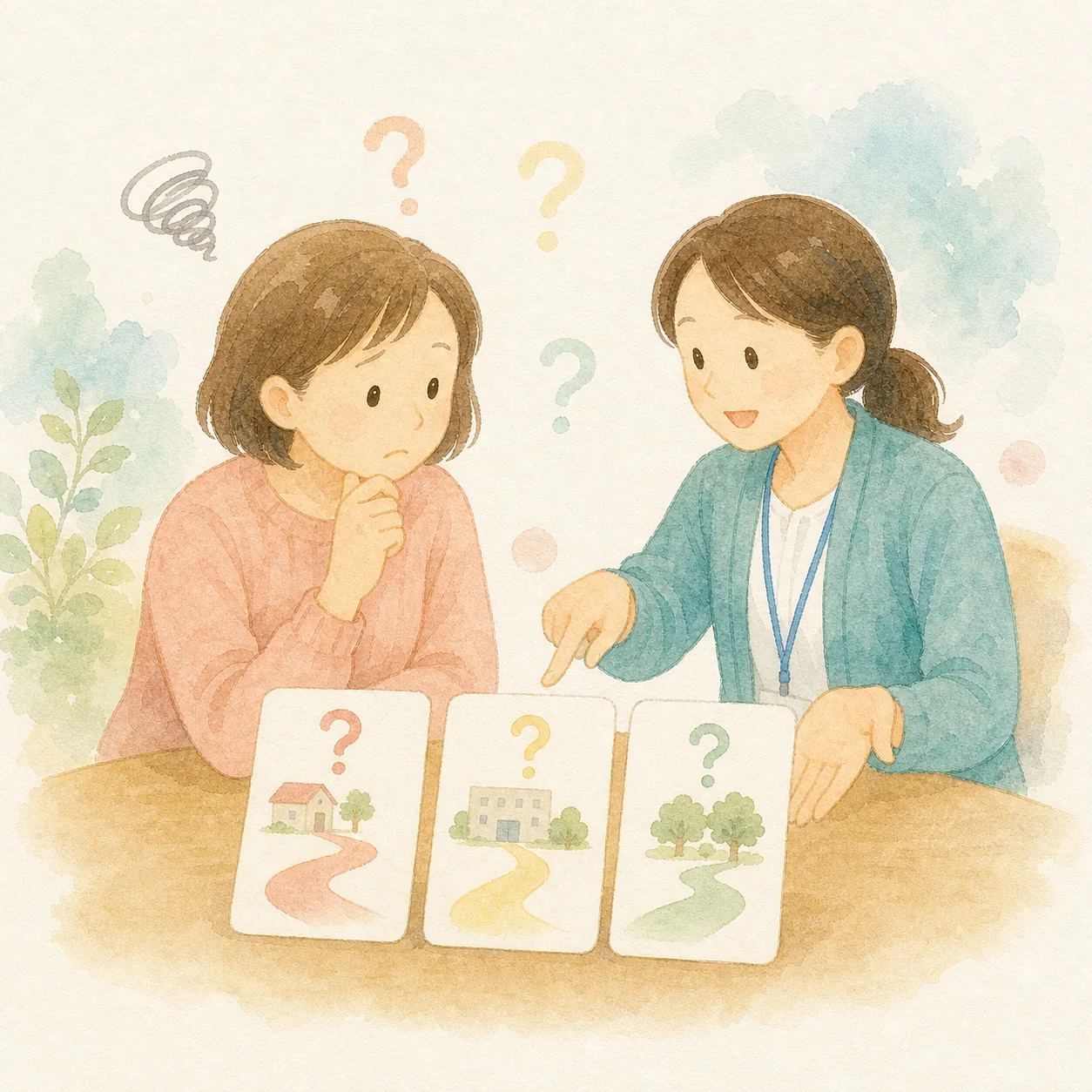 相談先がわからず案内を受けている水彩イラスト