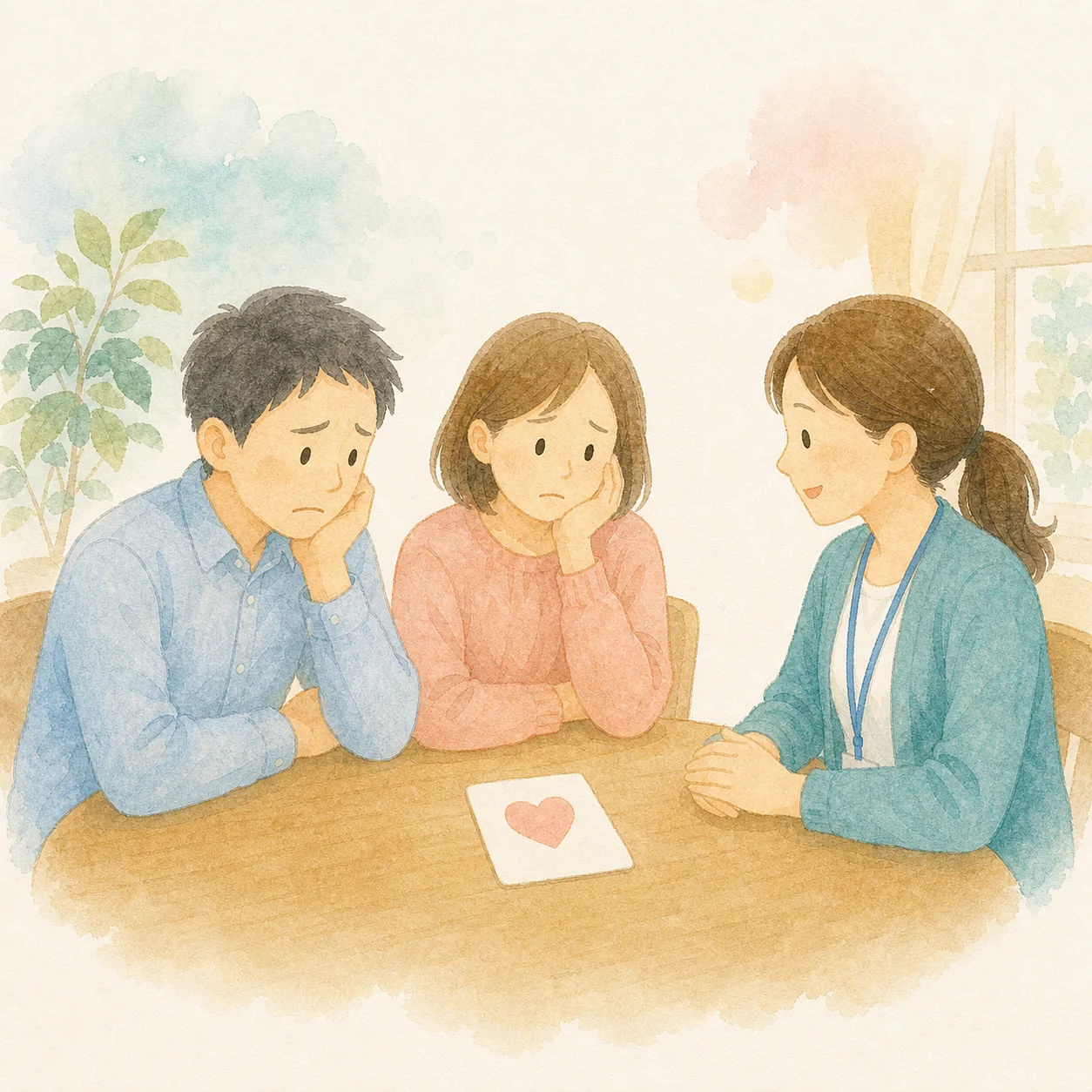 家族だけで不安を抱えている様子の水彩イラスト