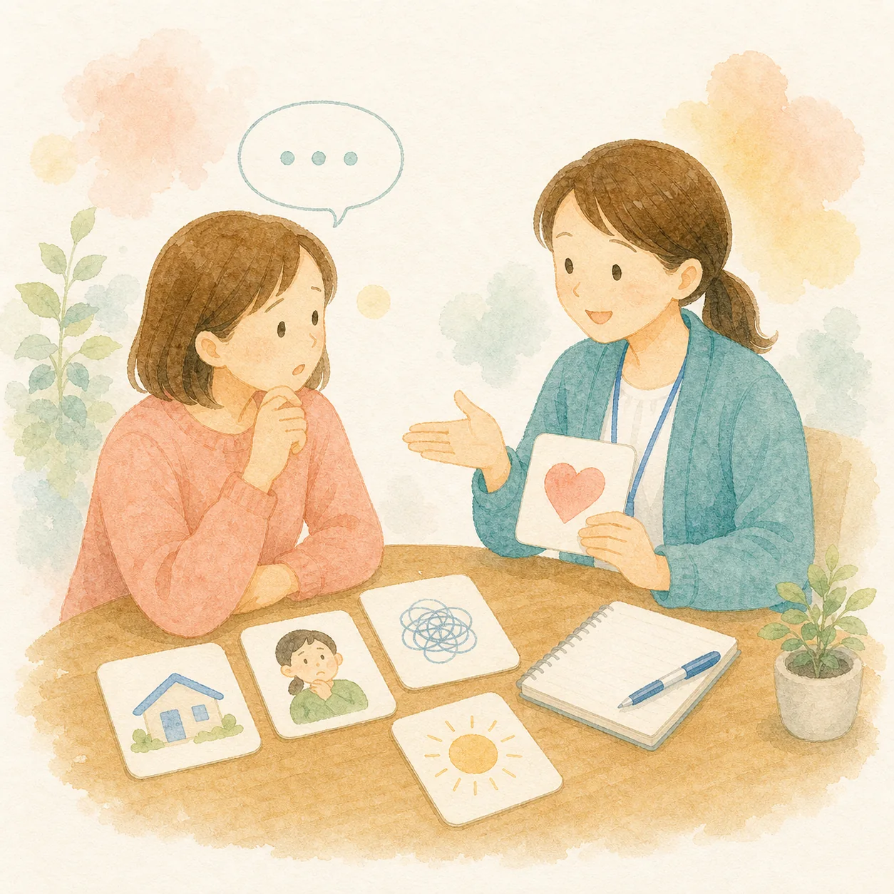 困りごとをうまく説明できず絵カードで整理している水彩イラスト