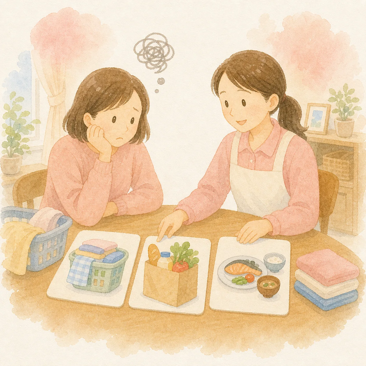 家事や食事の準備で困っている様子の水彩イラスト