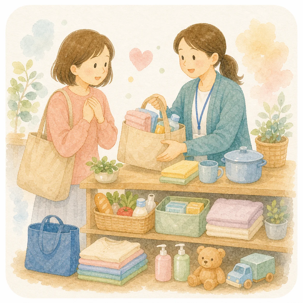 生活に必要な物を地域でつなぐ水彩イラスト