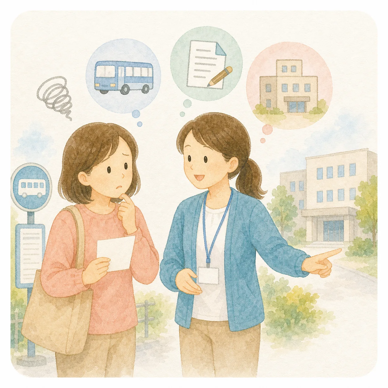 外出や手続きに不安がある様子の水彩イラスト
