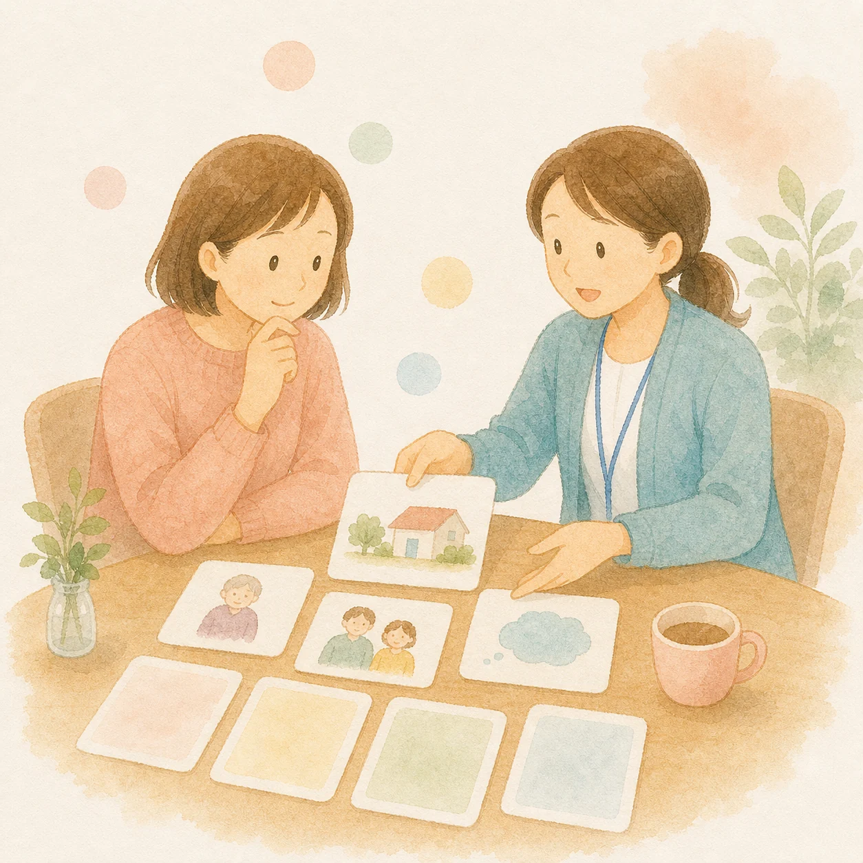 困っていることを一緒に確認する水彩イラスト