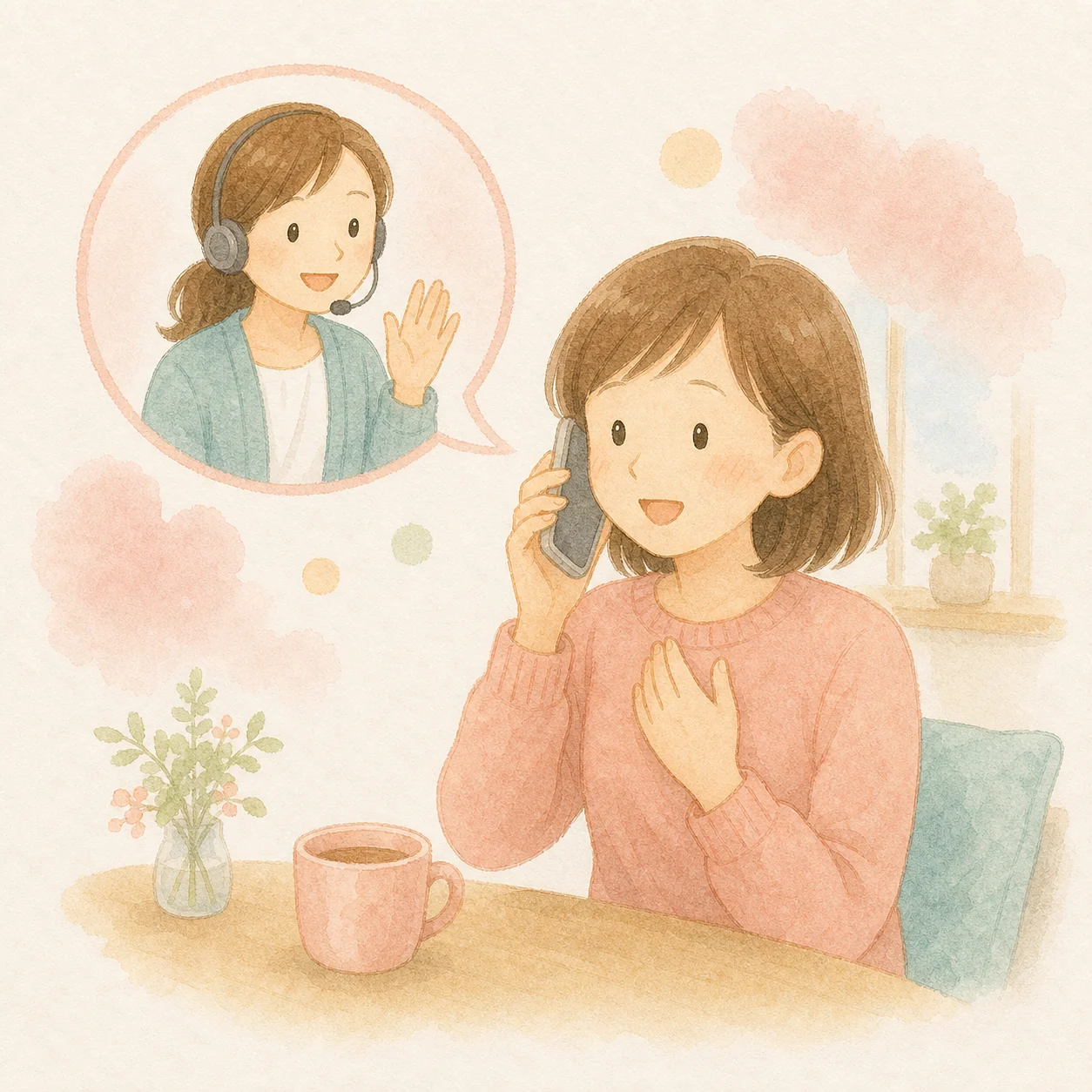 電話で相談する水彩イラスト
