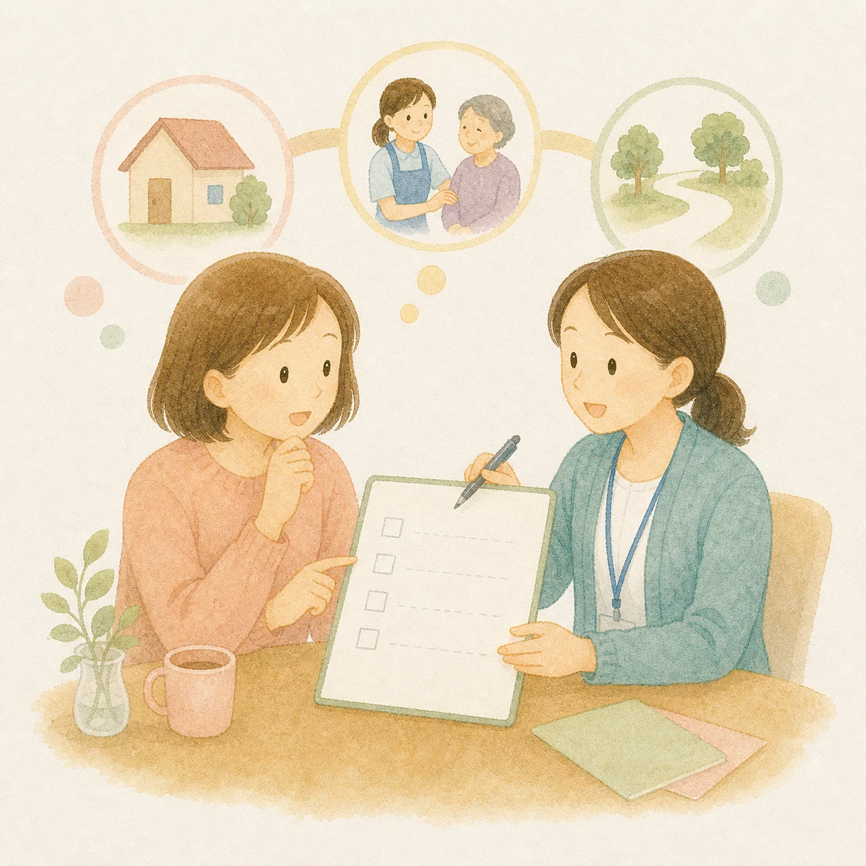 必要な支援を一緒に決める水彩イラスト