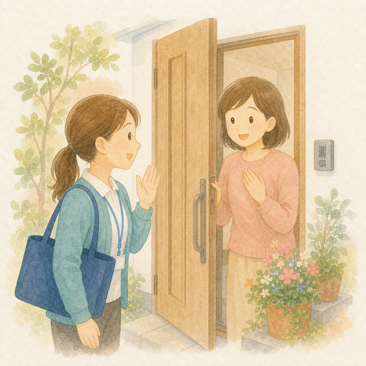 家で支援が始まる水彩イラスト