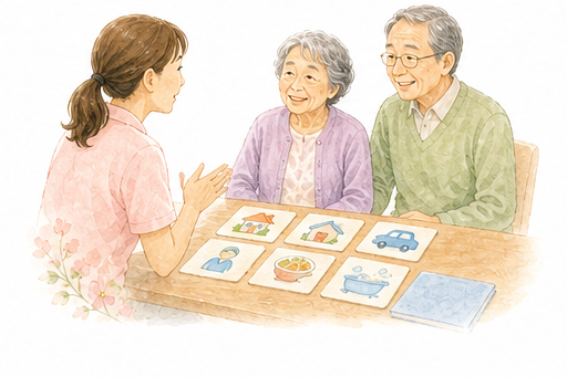 訪問介護の前に相談内容を整理する水彩イラスト