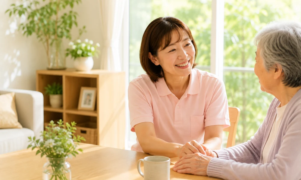 訪問介護員が自宅で利用者と笑顔で話している写真