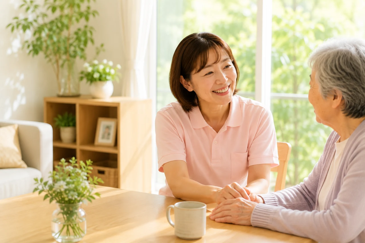 訪問介護員が自宅で利用者と笑顔で話している写真
