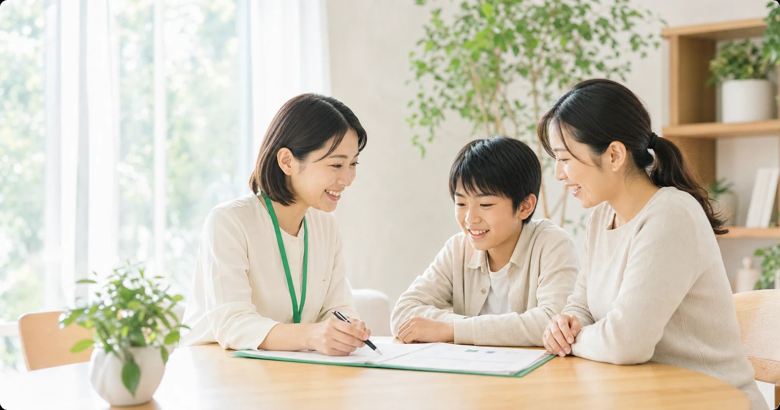 相談支援員と家族が計画を見ながら話している様子