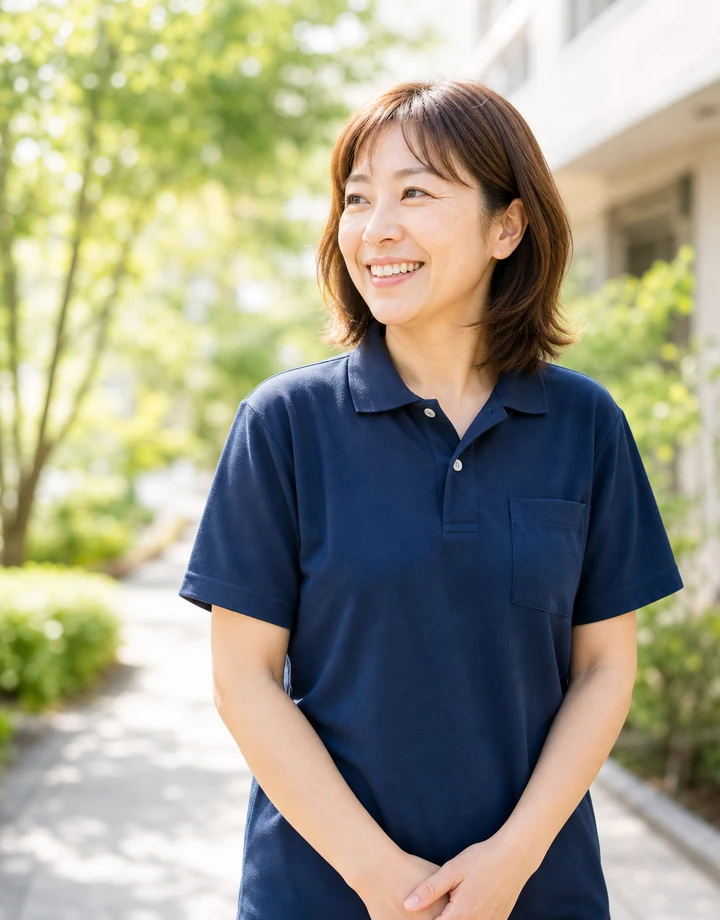 笑顔で立つ訪問介護スタッフ